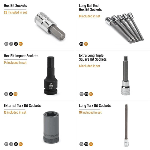 Picture of 74 Piece 1/4”, 3/8”, 1/2” Drive Metric Bit Socket Set in Foam Storage Tray