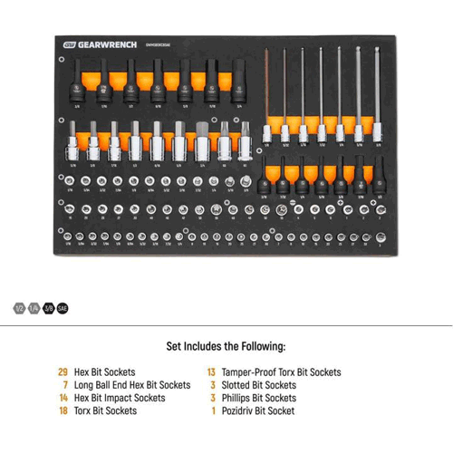 Picture of 88 Piece 1/4”, 3/8”, 1/2” Drive SAE Bit Socket Set in Foam Storage Tray