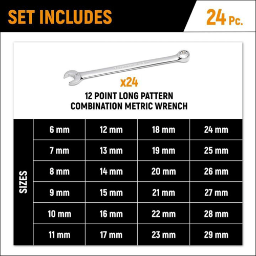 Picture of 24 Piece 12 Point Long Pattern Combination Metric Wrench Set in Foam Storage Tray