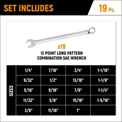 Picture of 19 Piece 12 Point Long Pattern Combination SAE Wrench Set in Foam Storage Tray