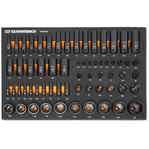 Picture of 63 Piece 1/4”, 3/8”, 1/2” Drive 6 Point SAE Impact Socket Set in Foam Storage Tray