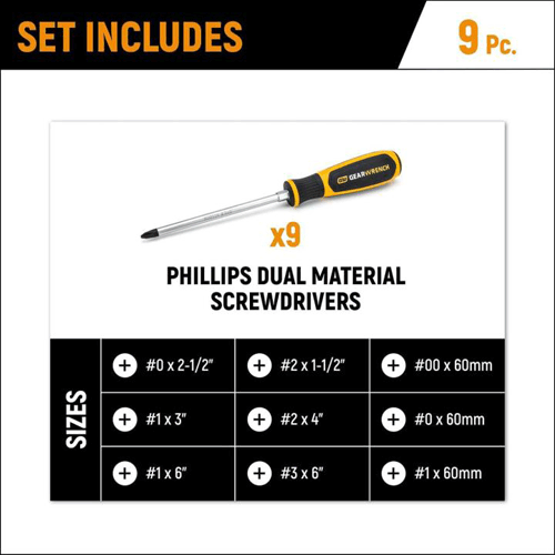 Picture of 9 Piece Phillips® Dual Material Screwdriver Set in Foam Storage Tray