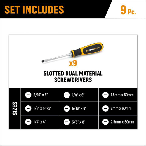 Picture of 9 Piece Slotted Dual Material Screwdriver Set in Foam Storage Tray